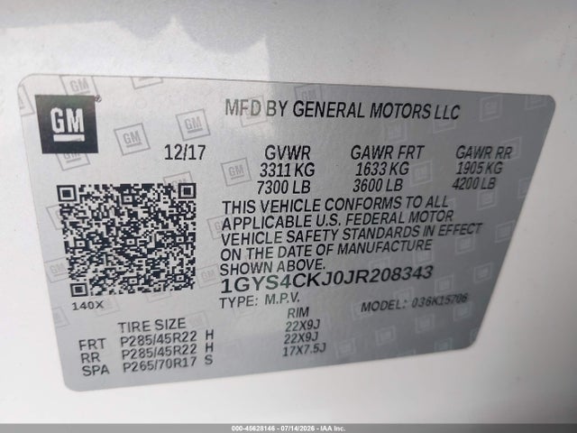 45628146 :رقم المزاد ، 1GYS4CKJ0JR208343 vin ، 2018 Cadillac Escalade Premium Luxury مزاد بيع