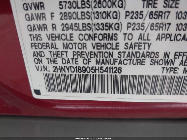 2005 Acura Mdx მანქანა იყიდება აუქციონზე, vin: 2HNYD18905H541126, აუქციონის ნომერი: 45628151