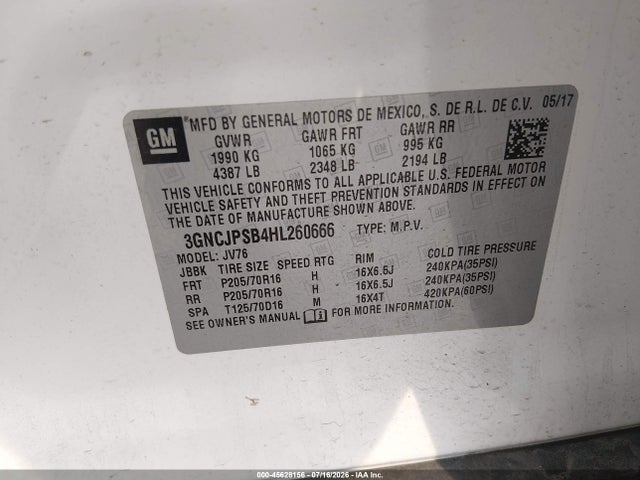 45628156 :رقم المزاد ، 3GNCJPSB4HL260666 vin ، 2017 Chevrolet Trax Lt مزاد بيع