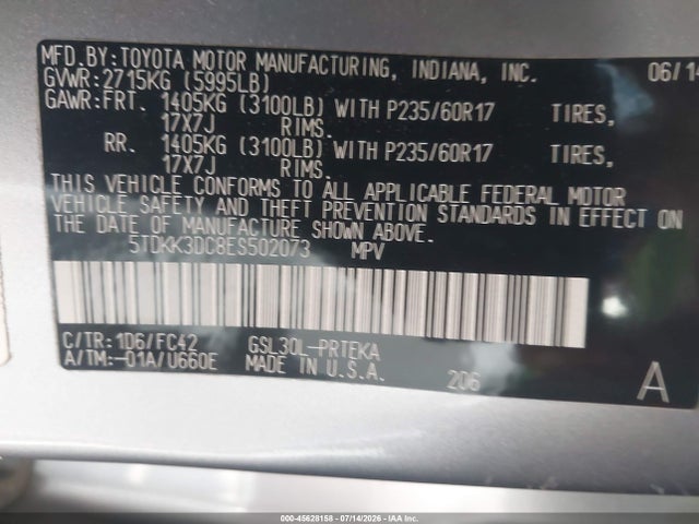 5TDKK3DC8ES502073 Toyota Sienna Le V6 8 Passenger