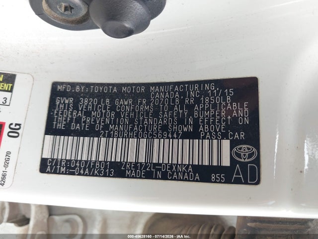 2T1BURHE0GC569447 Toyota COROLLA LE