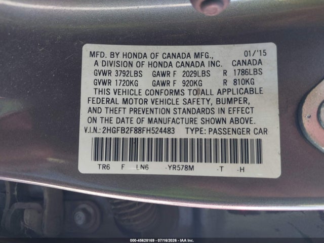 Honda CIVIC EX 2015 2HGFB2F88FH524483 Image 9