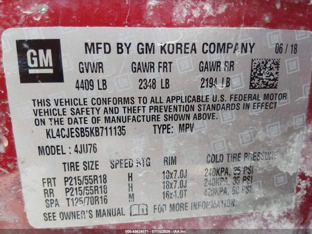 45628171 :رقم المزاد ، KL4CJESB5KB711135 vin ، 2019 Buick Encore Awd Preferred مزاد بيع