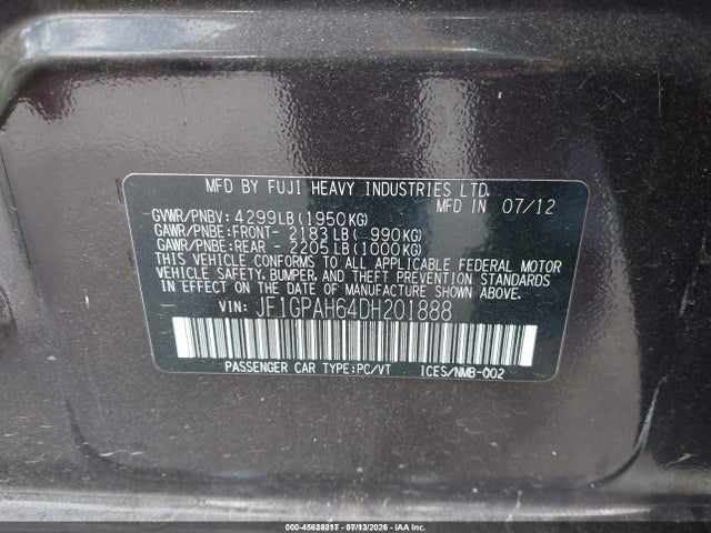 Aukcja sprzedaży 2013 Subaru Impreza 2.0i Limited, vin: JF1GPAH64DH201888, numer aukcji: 45628217