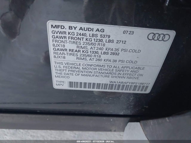 45628221 :رقم المزاد ، WA1ABAFY8P2189717 vin ، 2023 Audi Q5 Premium 40 Tfsi Quattro S Tronic مزاد بيع