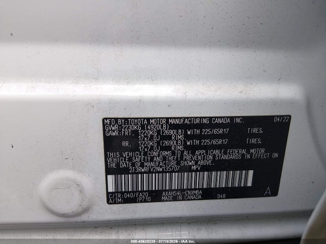 45628228 :رقم المزاد ، 2T3RWRFV2NW135707 vin ، 2022 Toyota Rav4 Hybrid Xle مزاد بيع