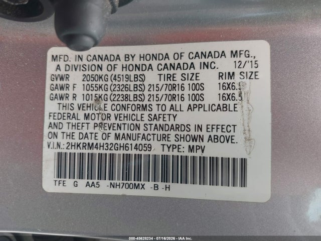 2016 Honda Cr-v Lx მანქანა იყიდება აუქციონზე, vin: 2HKRM4H32GH614059, აუქციონის ნომერი: 45628234
