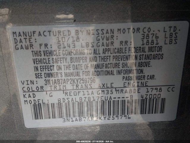 3N1AB7AP2KY259796 Nissan SENTRA S