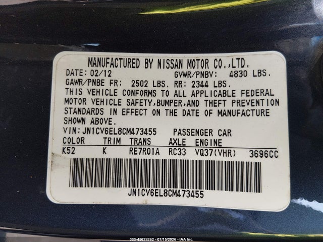 2012 Infiniti G37x მანქანა იყიდება აუქციონზე, vin: JN1CV6EL8CM473455, აუქციონის ნომერი: 45628262