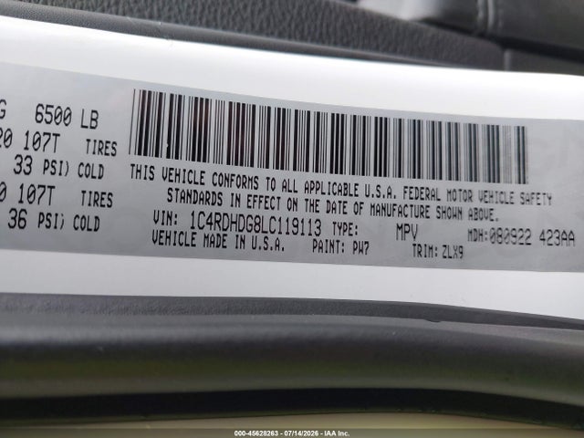 45628263 :رقم المزاد ، 1C4RDHDG8LC119113 vin ، 2020 Dodge Durango Gt Plus Rwd مزاد بيع