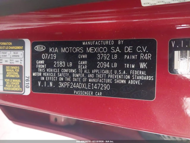 2020 Kia Forte Lxs მანქანა იყიდება აუქციონზე, vin: 3KPF24ADXLE147290, აუქციონის ნომერი: 45628270