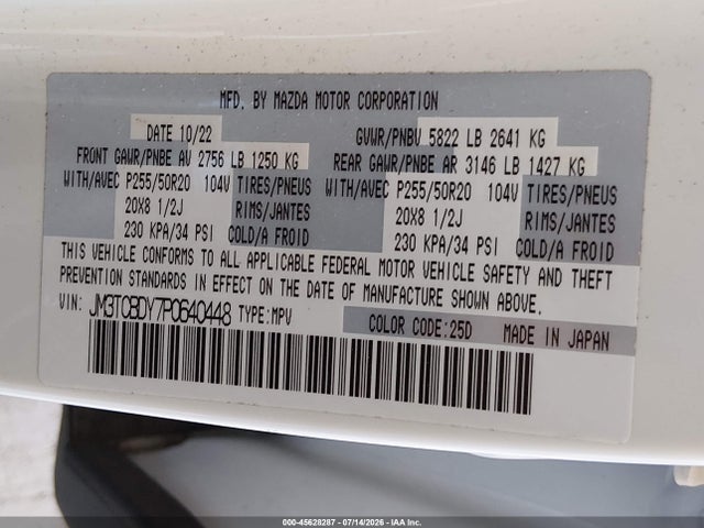 45628287 :رقم المزاد ، JM3TCBDY7P0640448 vin ، 2023 Mazda Cx-9 Grand Touring مزاد بيع