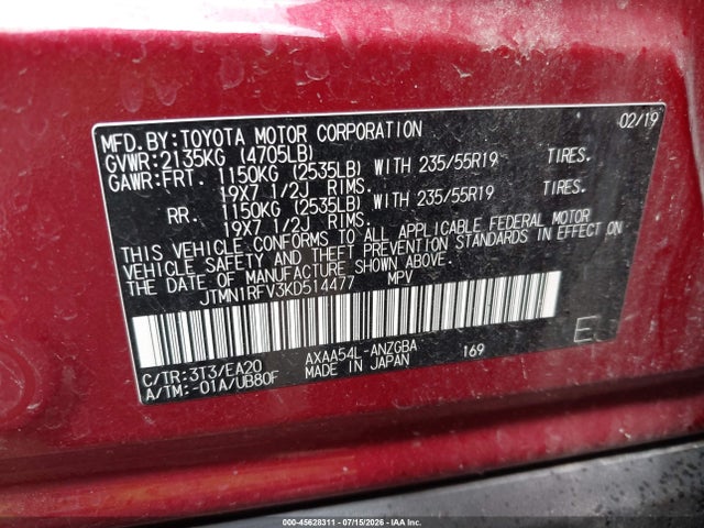 45628311 :رقم المزاد ، JTMN1RFV3KD514477 vin ، 2019 Toyota Rav4 Limited مزاد بيع