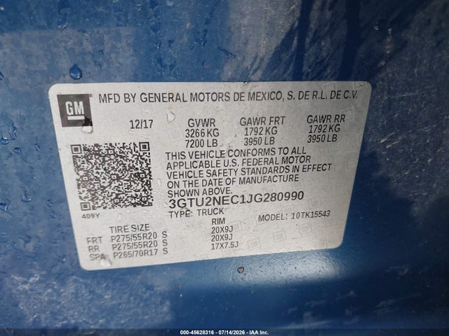 Aukcja sprzedaży 2018 Gmc Sierra 1500 Slt, vin: 3GTU2NEC1JG280990, numer aukcji: 45628316