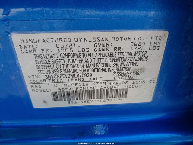 Продажа на аукционе авто 2021 Nissan Versa Sv Xtronic Cvt, vin: 3N1CN8EV9ML870939, номер лота: 45628317