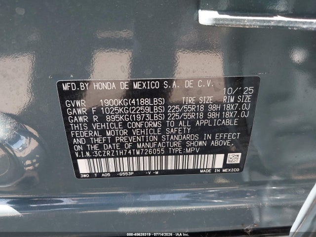 Aukcja sprzedaży 2026 Honda Hr-v 2wd Ex-l, vin: 3CZRZ1H74TM726055, numer aukcji: 45628319