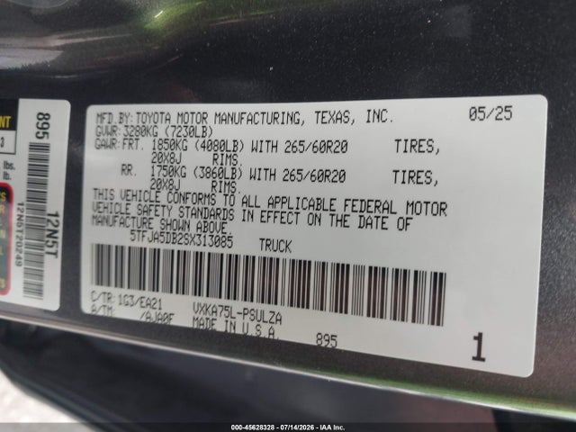 Продажа на аукционе авто 2025 Toyota Tundra Limited, vin: 5TFJA5DB2SX313085, номер лота: 45628328