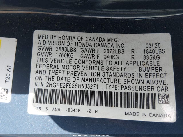 Aukcja sprzedaży 2025 Honda Civic Sport, vin: 2HGFE2F52SH585271, numer aukcji: 45628329