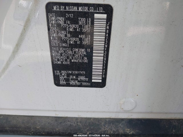 Aukcja sprzedaży 2012 Infiniti Qx56, vin: JN8AZ2NF3C9517476, numer aukcji: 45628345