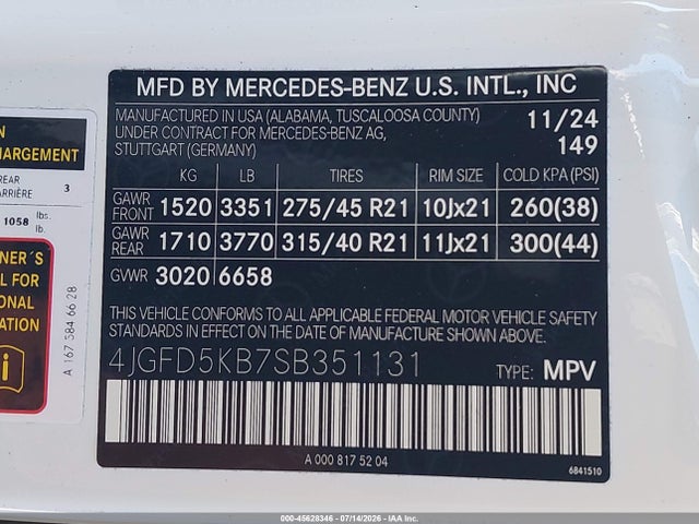 45628346 :رقم المزاد ، 4JGFD5KB7SB351131 vin ، 2025 Mercedes-benz Gle 450 Coupe 4matic مزاد بيع