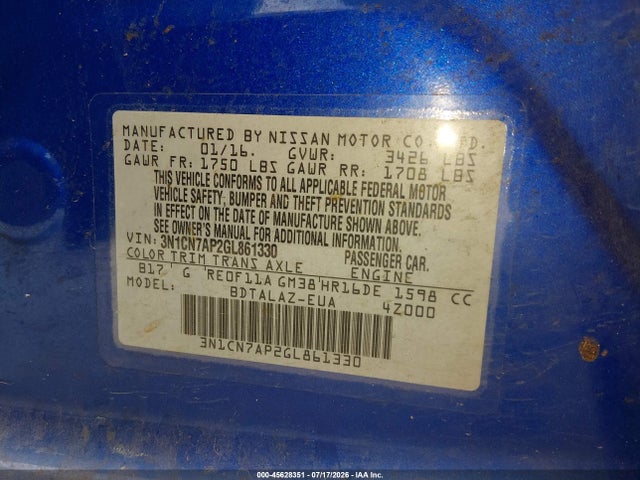 Nissan Versa 1.6 S+ 2016 3N1CN7AP2GL861330 Image 9