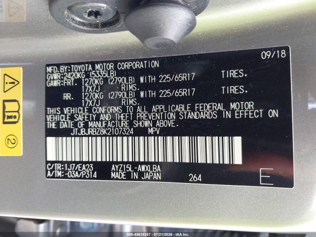 Aukcja sprzedaży 2019 Lexus Nx 300h, vin: JTJBJRBZ8K2107324, numer aukcji: 45628357