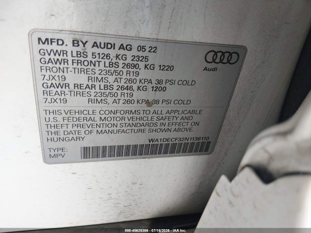 Продаж на аукціоні авто 2022 Audi Q3 Premium 45 Tfsi S Line Quattro Tiptronic, vin: WA1DECF32N1138110, номер лоту: 45628366