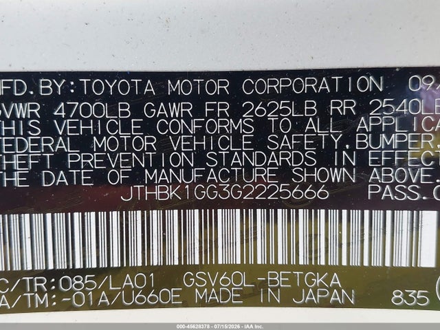 2016 Lexus Es 350 მანქანა იყიდება აუქციონზე, vin: JTHBK1GG3G2225666, აუქციონის ნომერი: 45628378