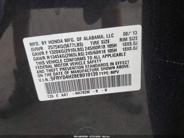 45628386 :رقم المزاد ، 5FRYD4H28EB010139 vin ، 2014 Acura Mdx مزاد بيع