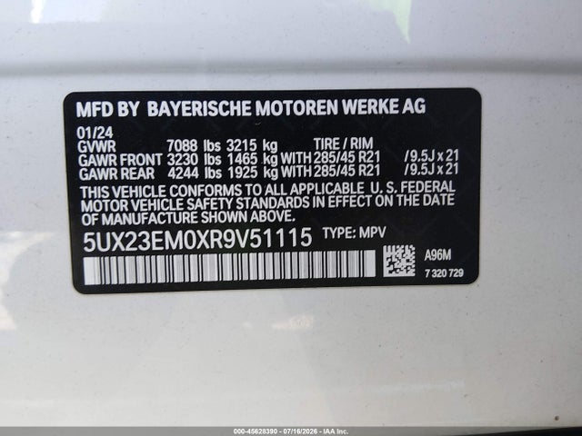 45628390 :رقم المزاد ، 5UX23EM0XR9V51115 vin ، 2024 Bmw X7 Xdrive40i مزاد بيع