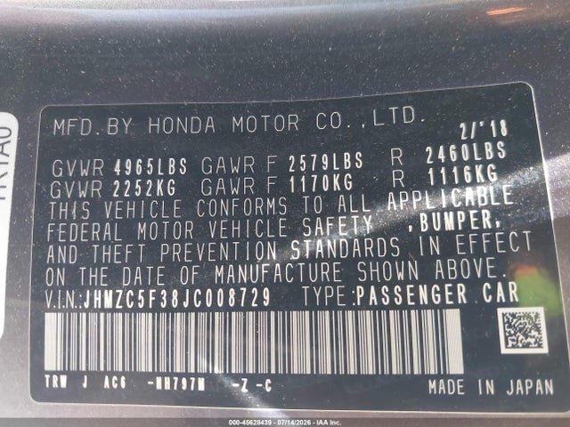 JHMZC5F38JC008729 Honda Clarity Plug-in Hybrid Touring