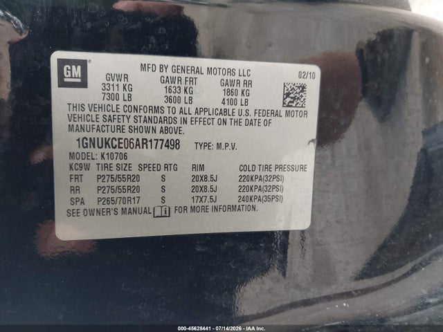 Aukcja sprzedaży 2010 Chevrolet Tahoe Ltz, vin: 1GNUKCE06AR177498, numer aukcji: 45628441
