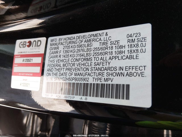 2023 Honda Pilot 2wd Ex-l 7 Passenger მანქანა იყიდება აუქციონზე, vin: 5FNYG2H50PB005902, აუქციონის ნომერი: 45628448