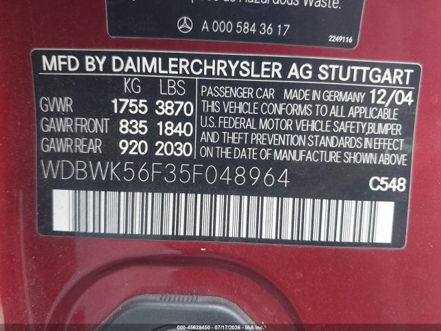 Aukcja sprzedaży 2005 Mercedes-benz Slk 350, vin: WDBWK56F35F048964, numer aukcji: 45628450