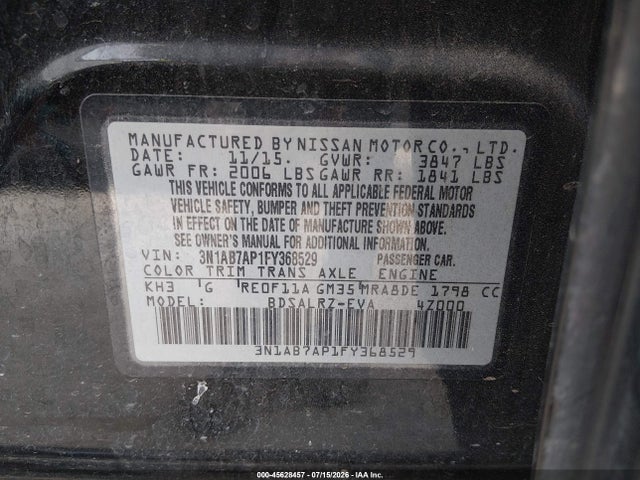 Aukcja sprzedaży 2015 Nissan Sentra Sr, vin: 3N1AB7AP1FY368529, numer aukcji: 45628457