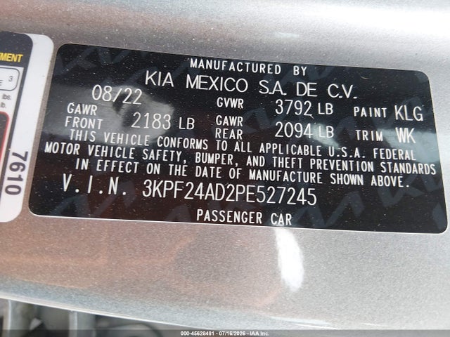 Aukcja sprzedaży 2023 Kia Forte Lxs, vin: 3KPF24AD2PE527245, numer aukcji: 45628481