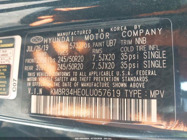 45628504 :رقم المزاد ، KM8R34HE0LU057619 vin ، 2020 Hyundai Palisade Sel مزاد بيع