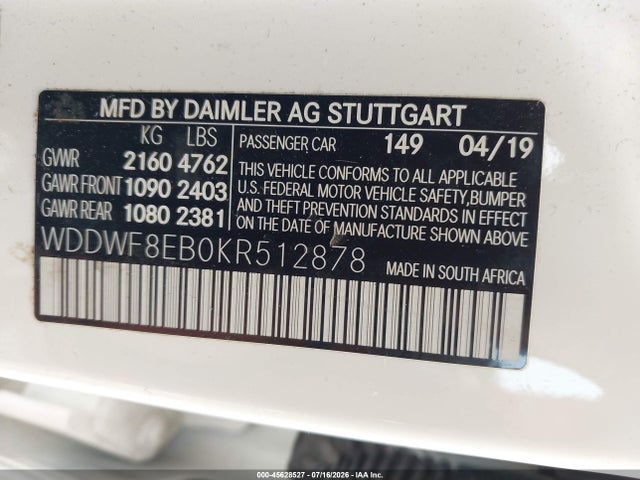 45628527 :رقم المزاد ، WDDWF8EB0KR512878 vin ، 2019 Mercedes-benz C 300 4matic مزاد بيع