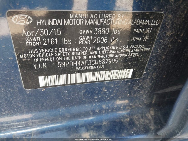 Hyundai Elantra Value Edition 2016 5NPDH4AE3GH687905 Image 9