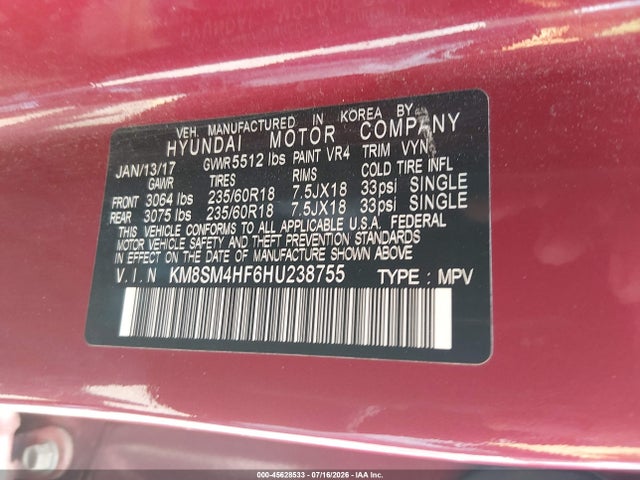 Продаж на аукціоні авто 2017 Hyundai Santa Fe Se, vin: KM8SM4HF6HU238755, номер лоту: 45628533