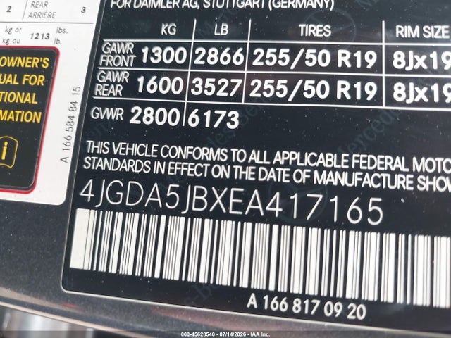 Aukcja sprzedaży 2014 Mercedes-benz Ml 350, vin: 4JGDA5JBXEA417165, numer aukcji: 45628540