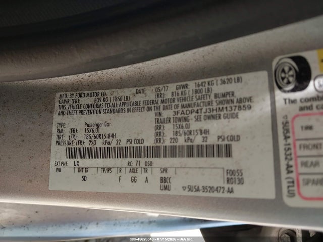 2017 Ford Fiesta S მანქანა იყიდება აუქციონზე, vin: 3FADP4TJ3HM137859, აუქციონის ნომერი: 45628543