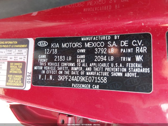45628557 :رقم المزاد ، 3KPF24AD9KE071558 vin ، 2019 Kia Forte Lxs مزاد بيع