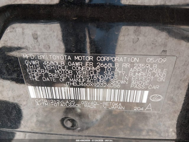 45628559 :رقم المزاد ، JTHBJ46GX92324056 vin ، 2009 Lexus Es 350 مزاد بيع