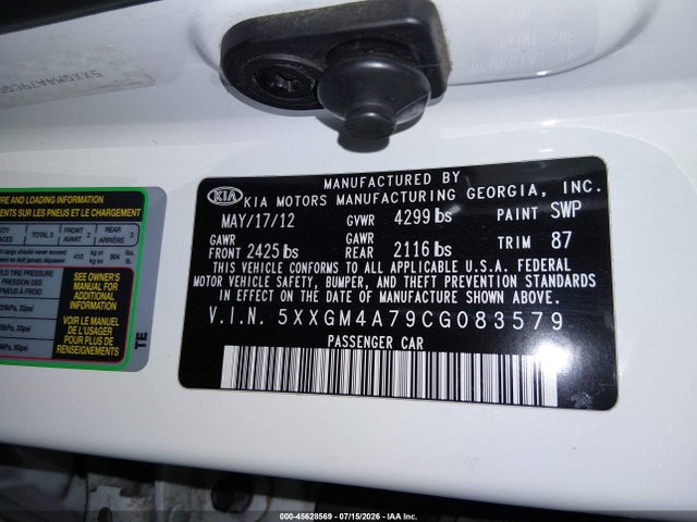 Aukcja sprzedaży 2012 Kia Optima Lx, vin: 5XXGM4A79CG083579, numer aukcji: 45628569