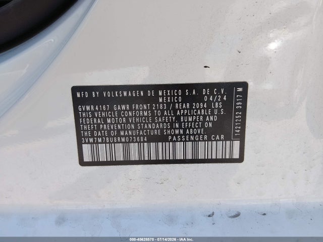 2024 Volkswagen Jetta 1.5t Se მანქანა იყიდება აუქციონზე, vin: 3VW7M7BU8RM073684, აუქციონის ნომერი: 45628570