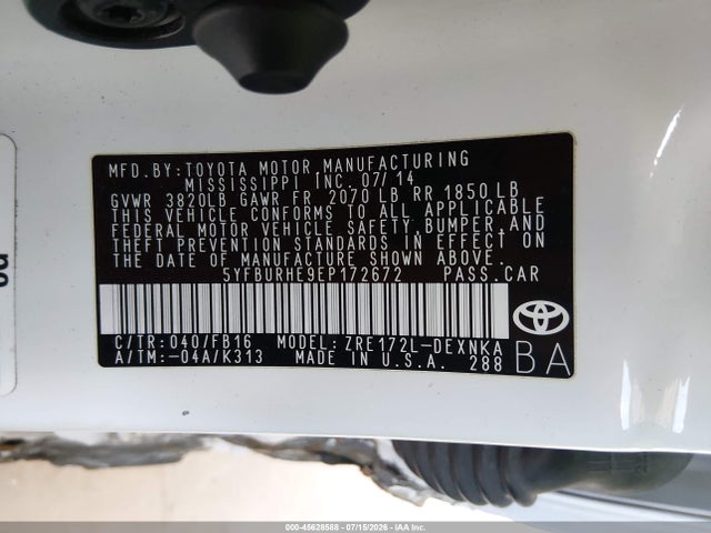 Продажа на аукционе авто 2014 Toyota Corolla Le Plus, vin: 5YFBURHE9EP172672, номер лота: 45628588