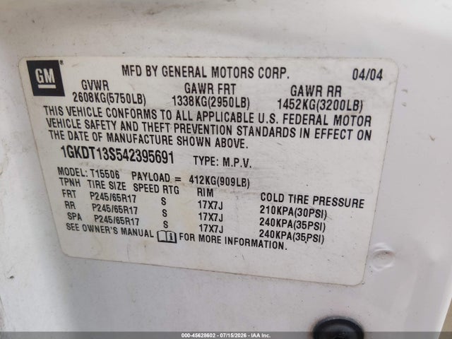Продаж на аукціоні авто 2004 Gmc Envoy Slt, vin: 1GKDT13S542395691, номер лоту: 45628602