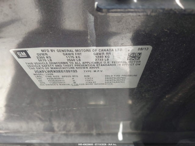 45628608 :رقم المزاد ، 2GKFLWEK8E6109193 vin ، 2014 Gmc Terrain Sle-2 مزاد بيع