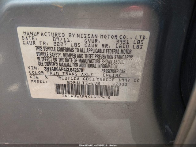 2012 Nissan Sentra 2.0 S მანქანა იყიდება აუქციონზე, vin: 3N1AB6AP4CL642678, აუქციონის ნომერი: 45628612